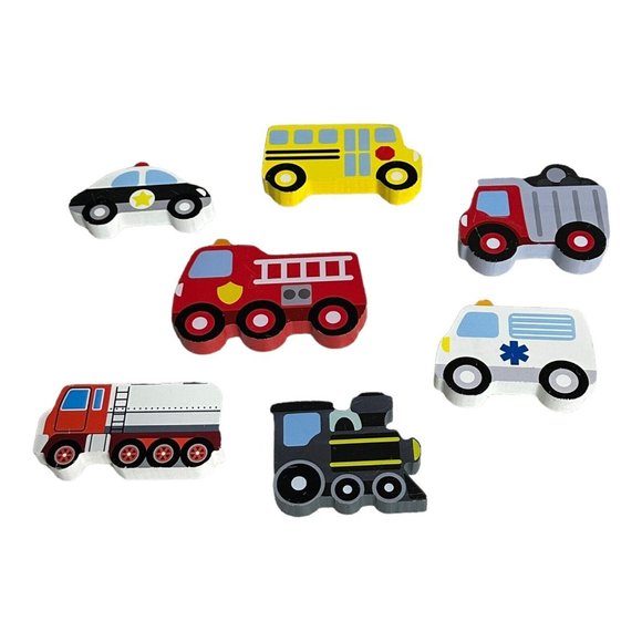 LOT OF 7 Melissa‎ & Doug Wooden Block Vehicles Learning Pretend Play Cars Train - Picture 1 of 8